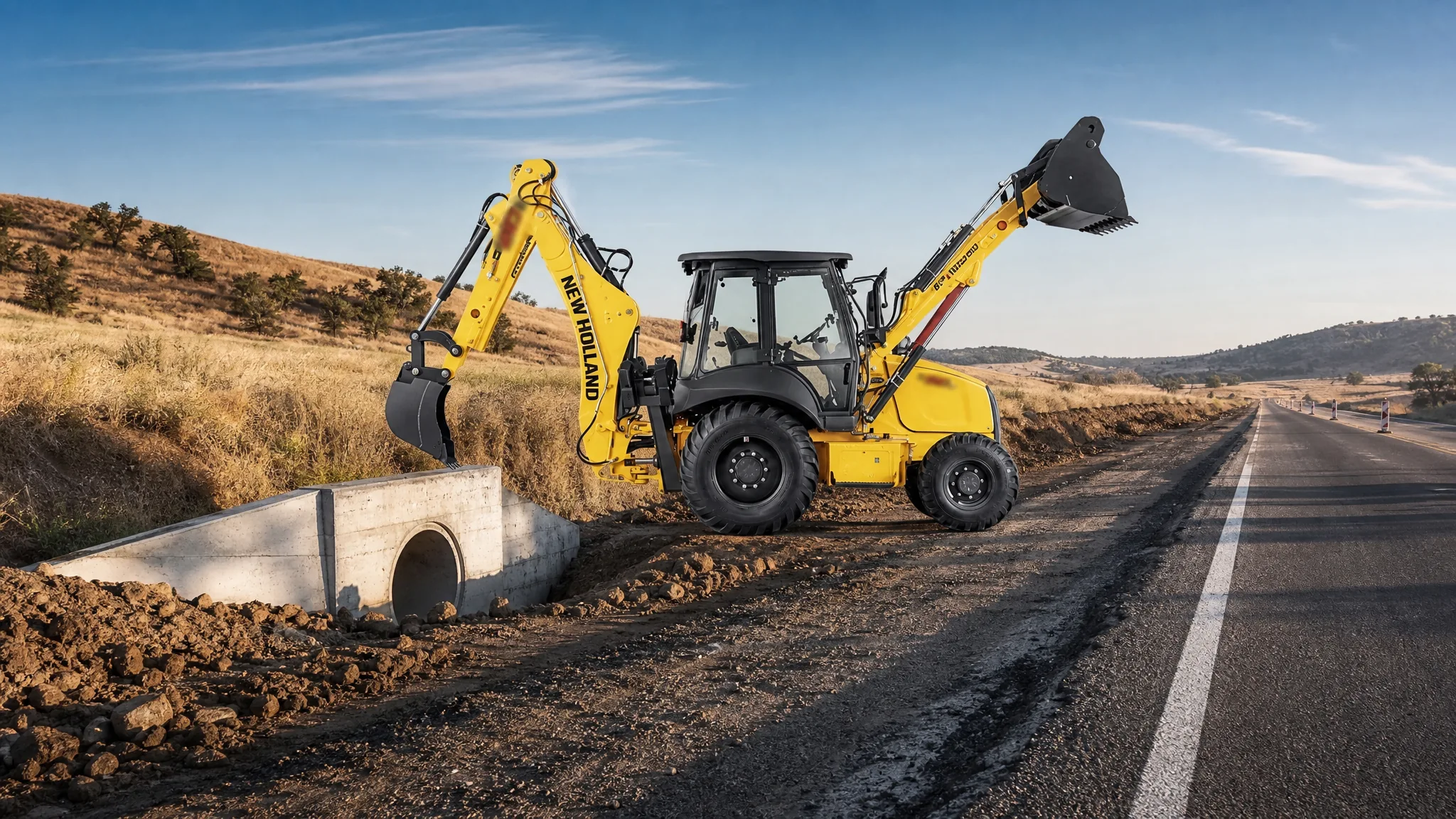 Retroexcavadora New Holland B115C — Mantenimiento vial