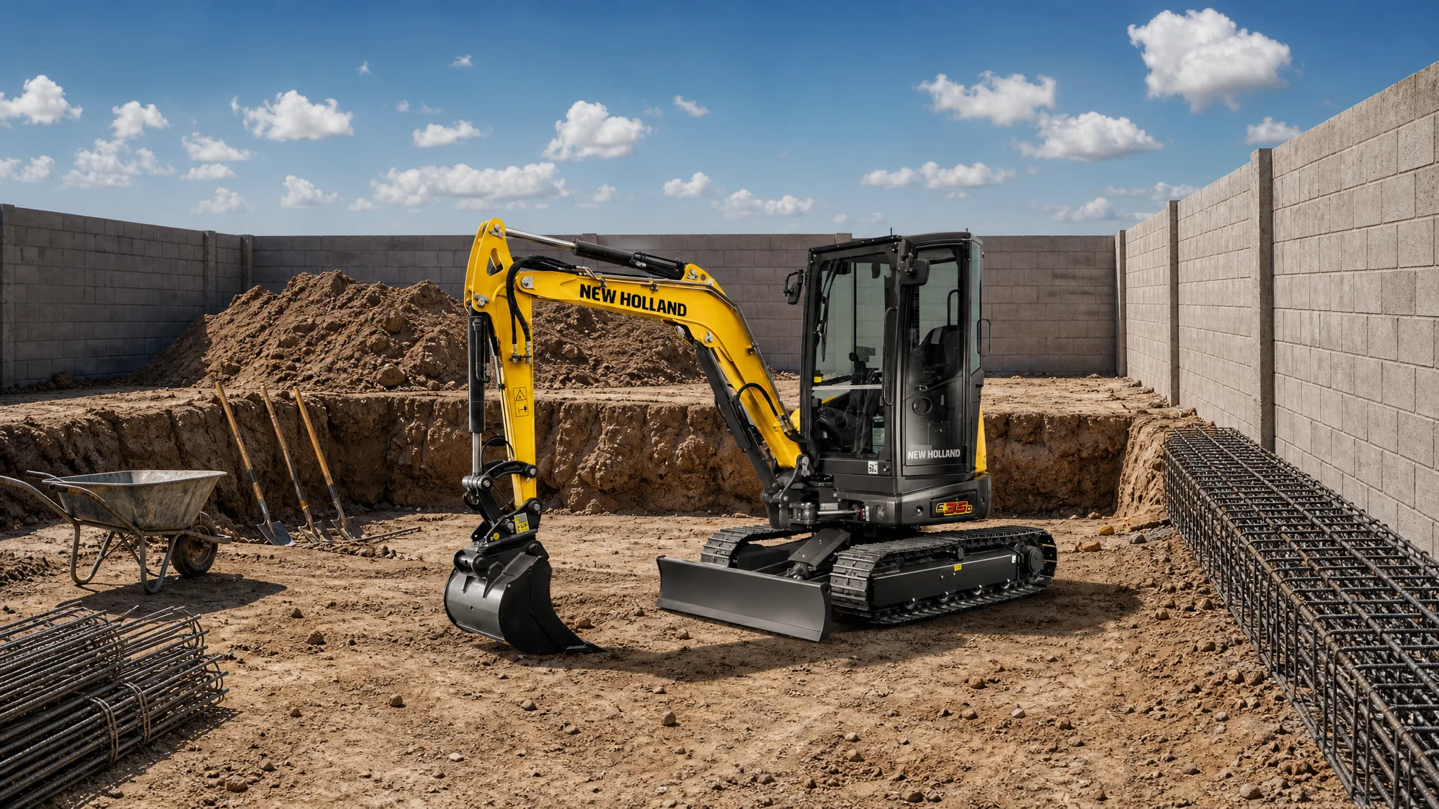 Miniexcavadora New Holland E35D — Obra civil en espacio reducido