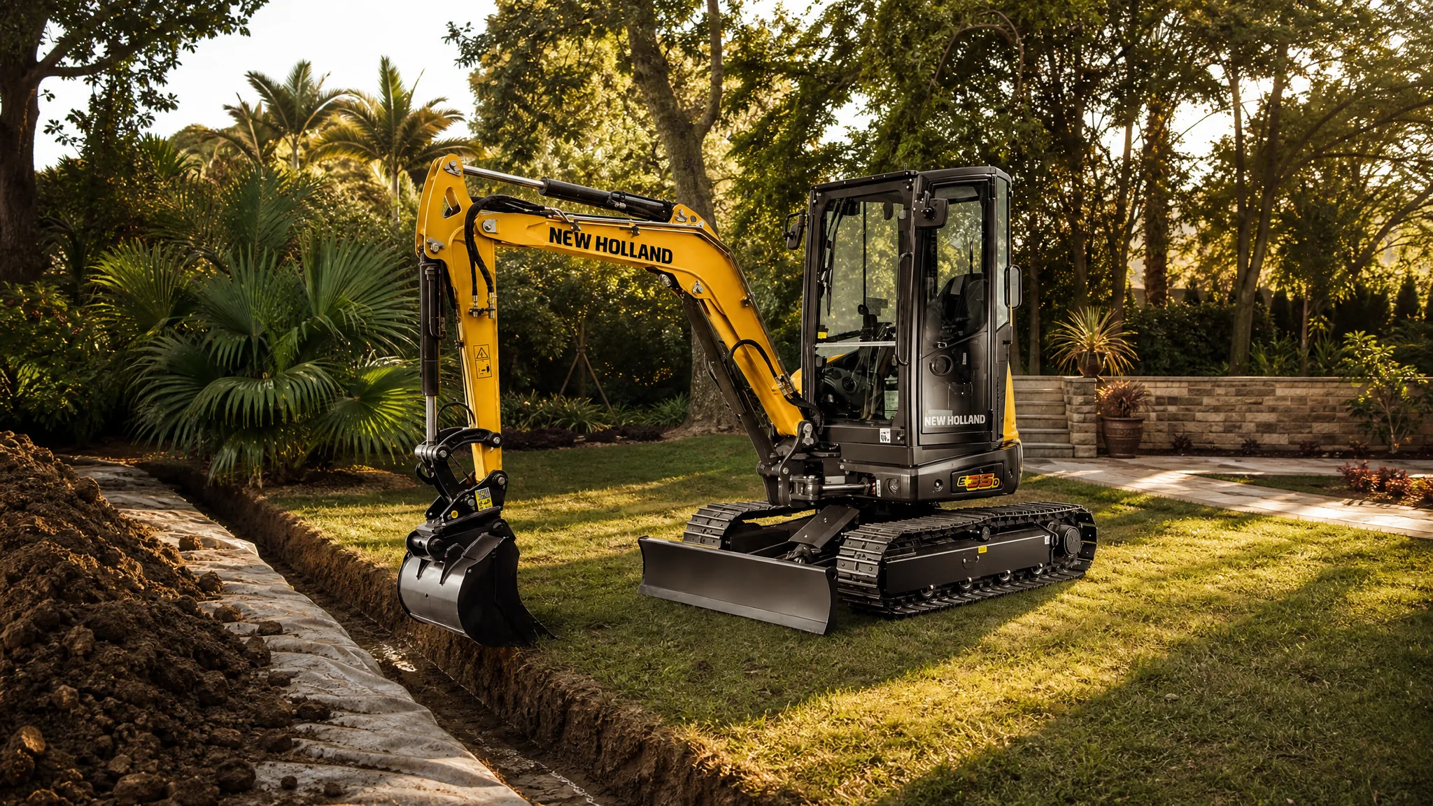 Miniexcavadora New Holland E35D — Paisajismo y jardinería