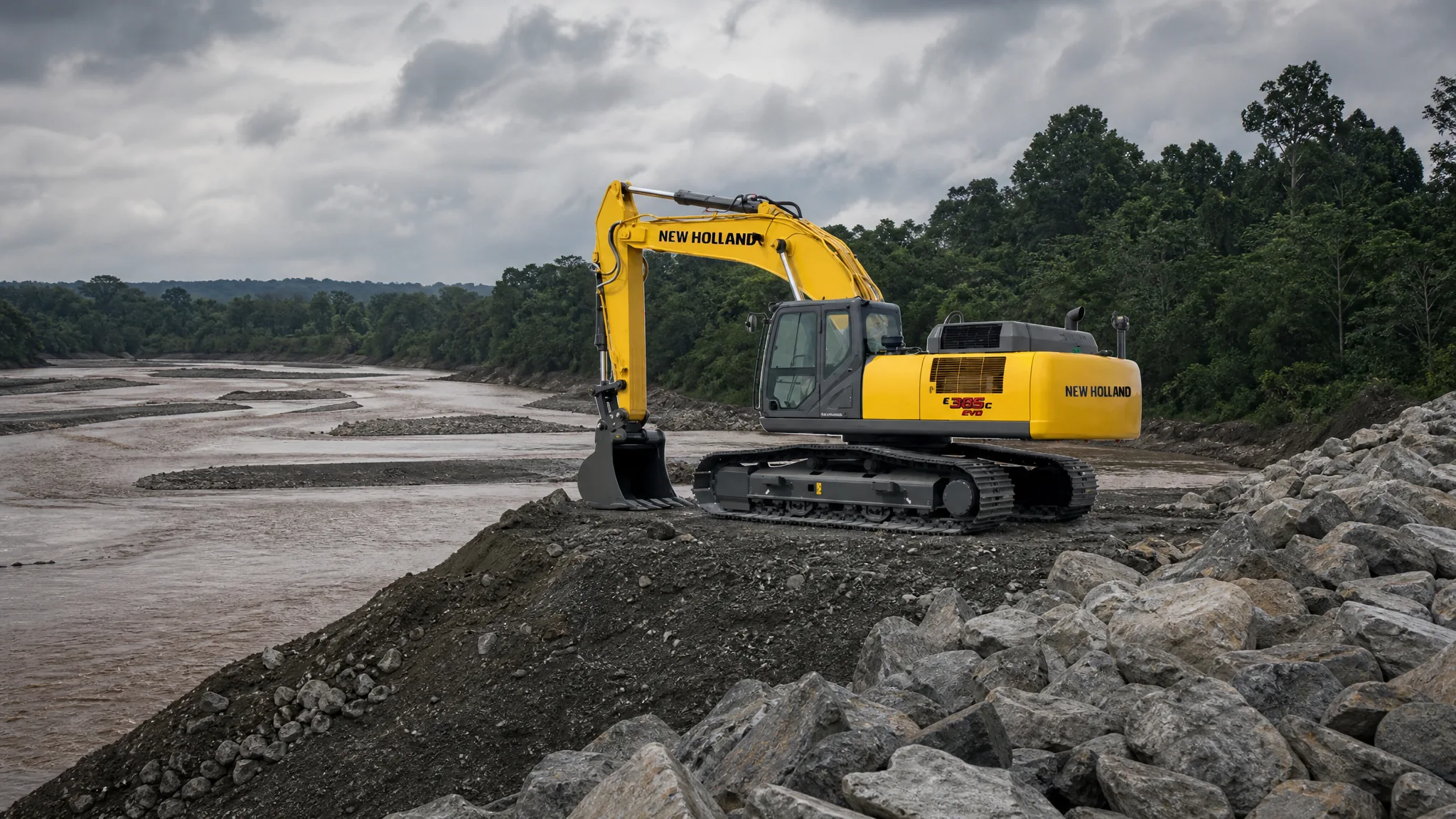 Excavadora hidráulica New Holland E385C EVO — Obras hidráulicas y control de inundaciones
