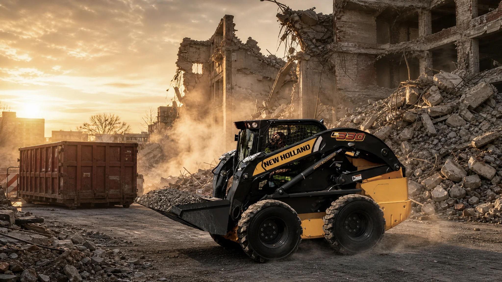 Minicargadora New Holland L330 — Demolición y manejo de escombro