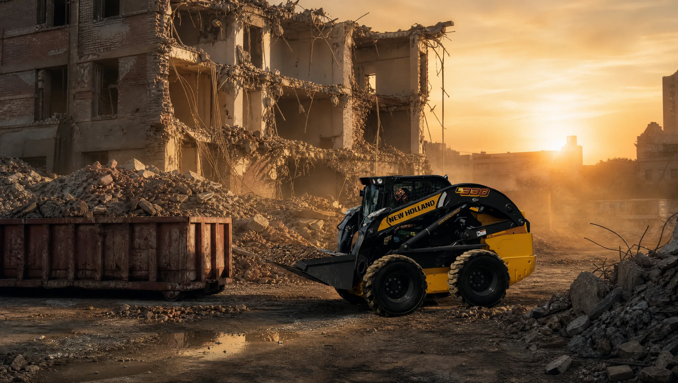 Minicargadora New Holland L330 — Demolición y manejo de escombro
