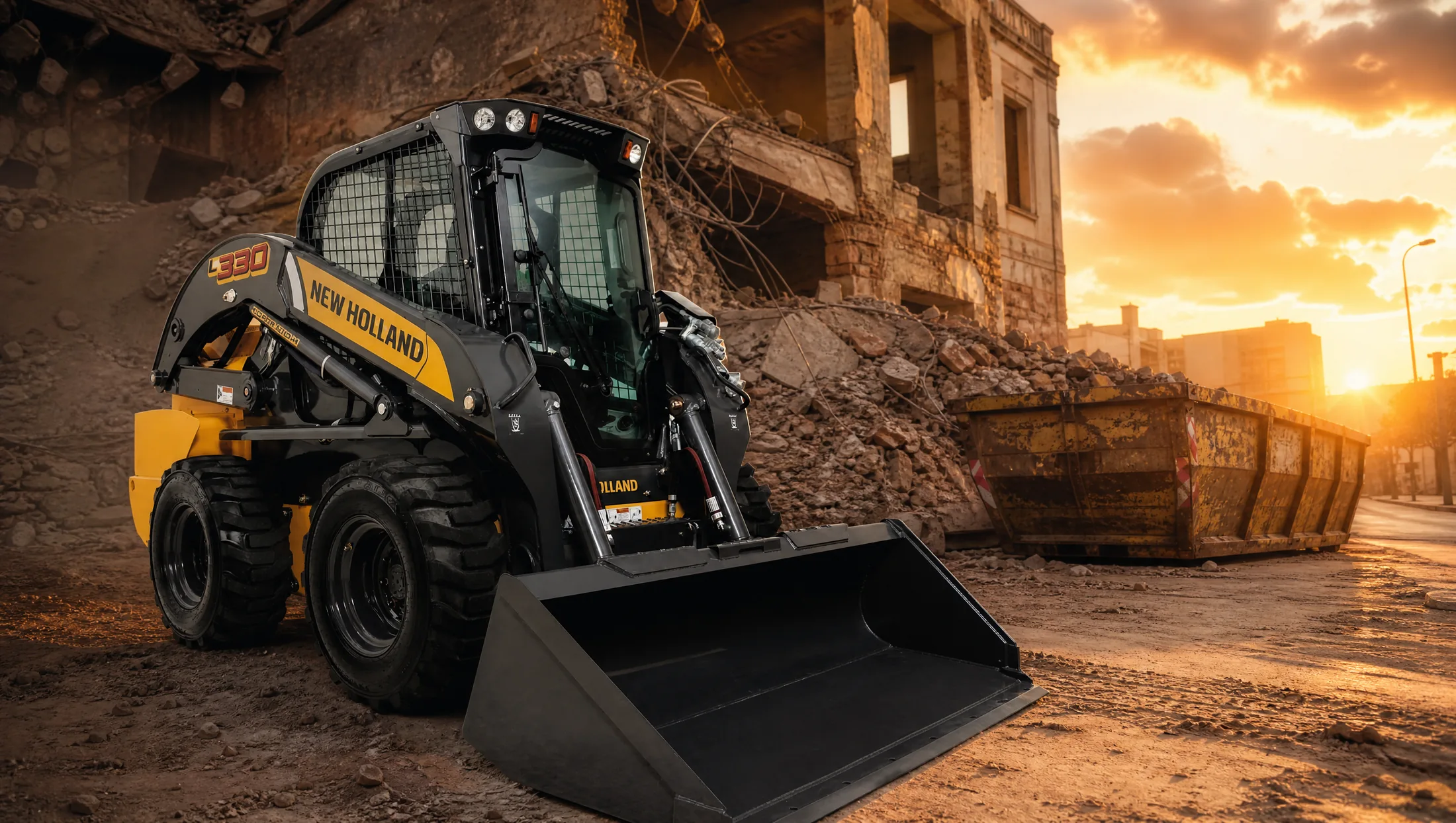 Minicargadora New Holland L330 — Demolición y manejo de escombro