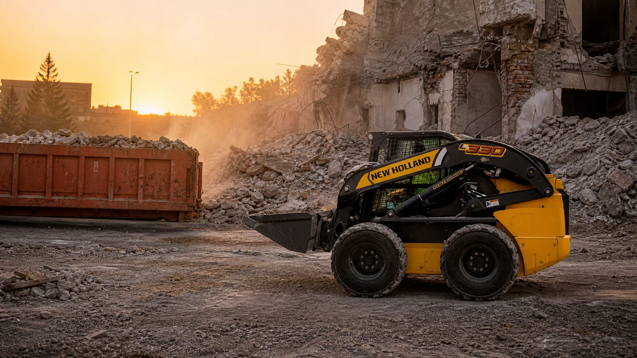 Minicargadora New Holland L330 — Demolición y manejo de escombro