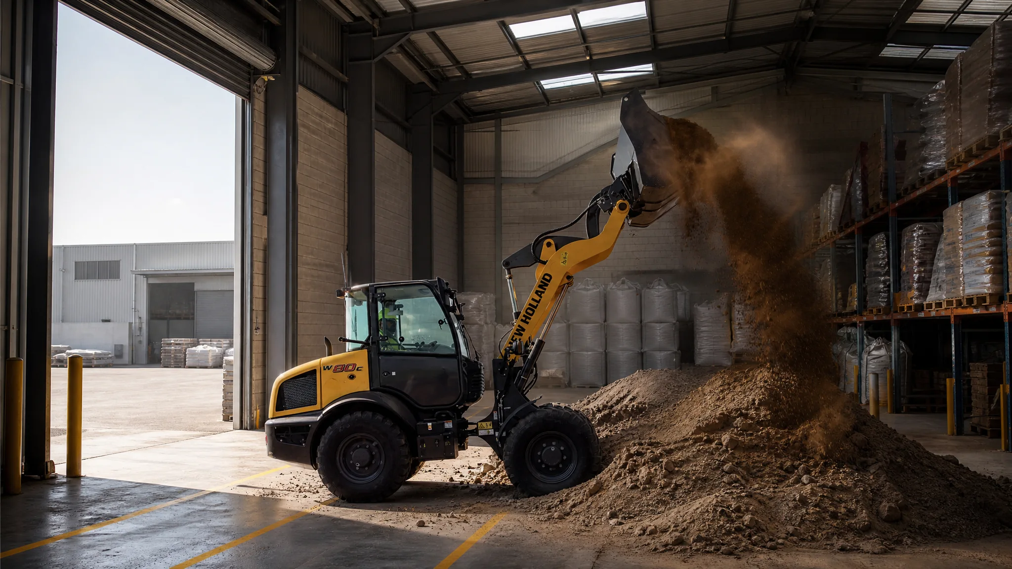 Cargadora compacta New Holland W80C — Industria, galpones y almacenamiento