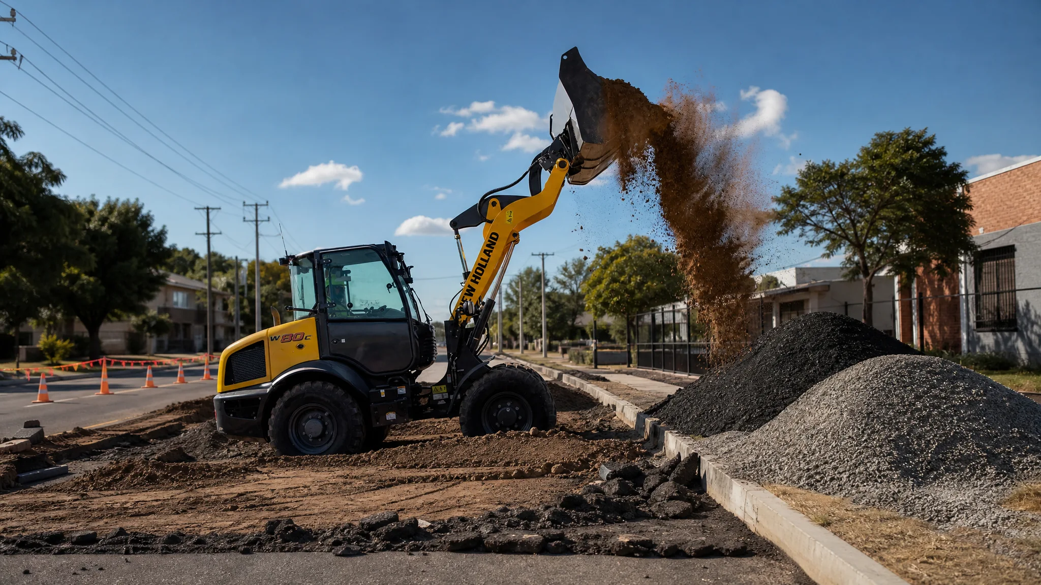 Cargadora compacta New Holland W80C — Mantenimiento vial urbano